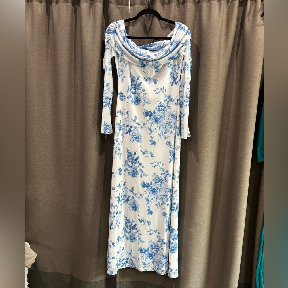 Floral White & Blue Mesh Long Sleeve Dress